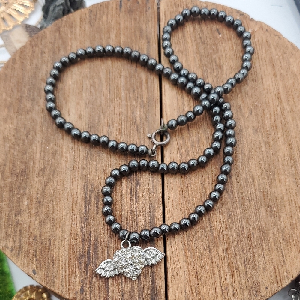 925 Black Beaded Necklace with Winged Heart Pendant 17 Inch N3817